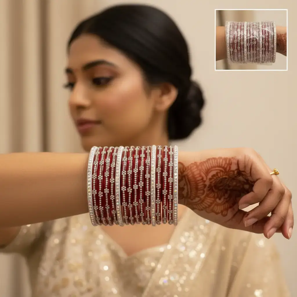 Traditional Indian Round Glass Bracelet Set for Women, 16 Pc Handmade Jewelry with Rhinestone Accents and Sparkle Finish for Weddings, Engagement, Multi-Size, Round Bangle, Glamour, All Seasons, Bling Effect, Female Set, Wrist Stack, Handmade Glass, Brace