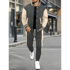 [Color Block Baseball Set] Color Block Polyester Men's Casual Baseball Jacket & Pants Set - Button-Up with Belt Detail for Spring/Fall