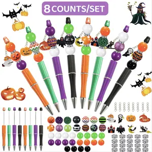 8pcs Pumpkin Bat Castle Ghost Theme Beaded Pens + Colorful Pendants, Handmade Materials, Office Learning Supplies, Party Birthday Gifts