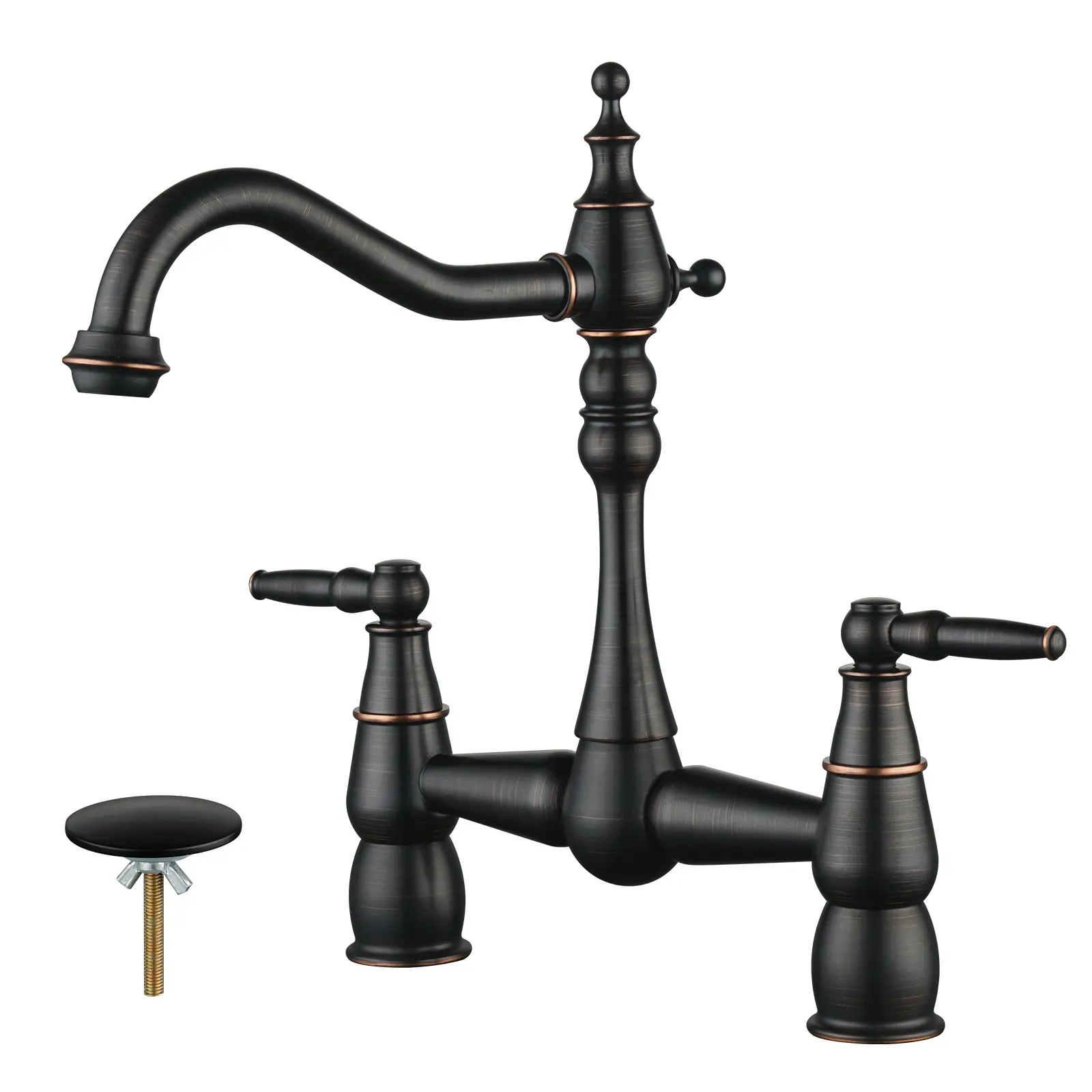 WOWOW Oil Rubbed Bronze High Arch Bridge Kitchen Faucet - Solid Brass Vintage 2-Handle 2-Hole Deck Mount Tap, 360-Degree Swivel Spout, Water Saver for Farmhouse Home Decor, Rustic & Modern Farmhouse Decor