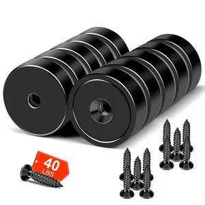 Strong Magnets Heavy Duty, 40LB Strong Rare Earth Magnets, Black Neodymium Cup Magnet with Countersunk Hole and Steel Screws, Powerful Pot for Wall Mounting,Workplace - 10 Pack