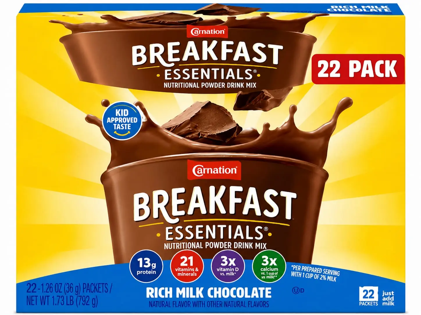 Carnation Breakfast Essentials Powder Drink Mix, Rich Milk Chocolate, 22 Count Box of 1.26 Ounce Packets