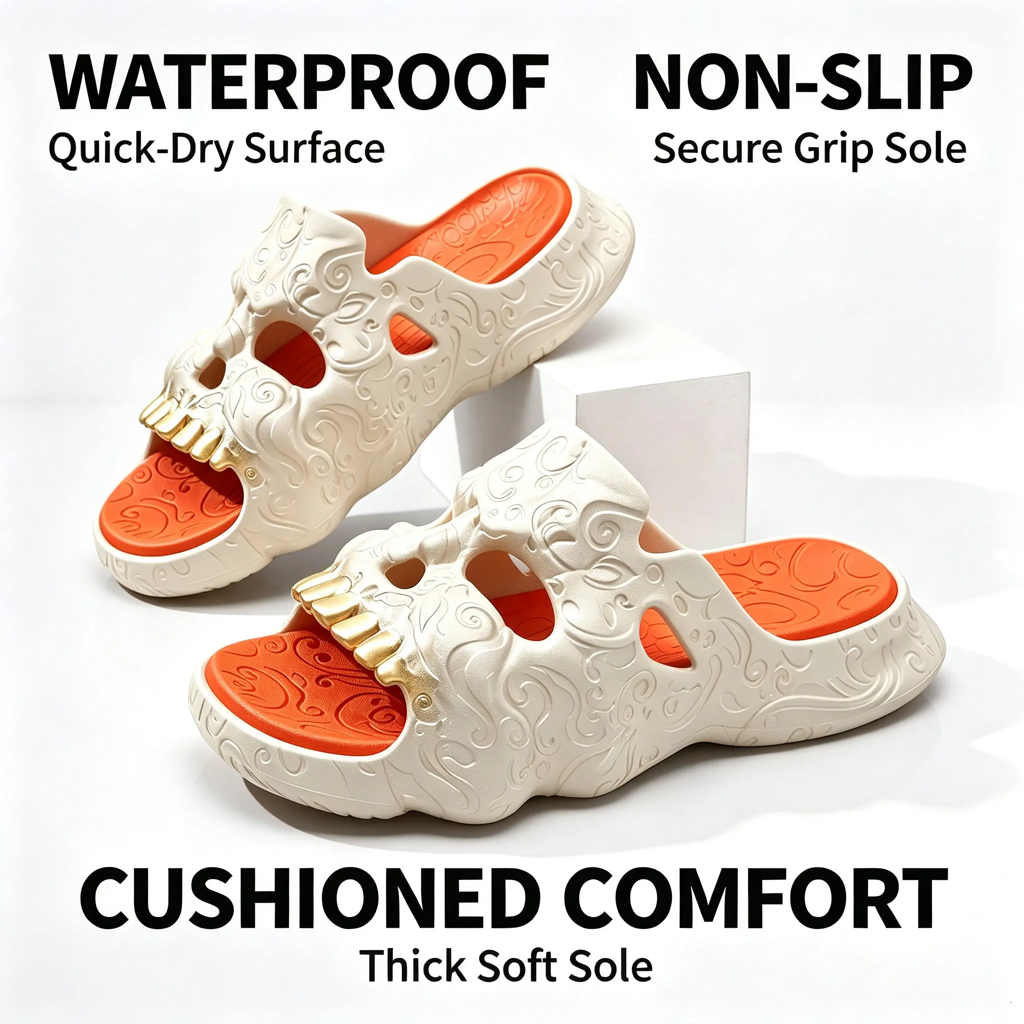 Novelty 3D Skull Gold Teeth Slippers for Men & Women, Gothic Horror Fashion Cushioned Platform Slides, Non-Slip EVA Halloween Indoor/Outdoor Pool Sandals Flatform Walking Shoes Walking Shoes Footwear Flipflop Makapal Boy