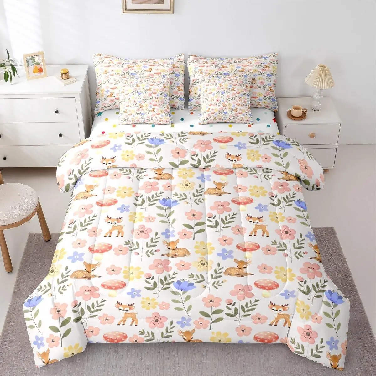 Cute Floral 7 Piece Comforter Set,Bed In A Bag,Colorful Flowers Botanical Bedding Set,for Kids and Adults Rustic Mushroom Deer Comforter and Sheets Preppy Cottagecore Aesthetic Bed Set
