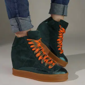 Fearless Forest Green Suede with Orange Hiking Laces High Top Wedge Sneaker