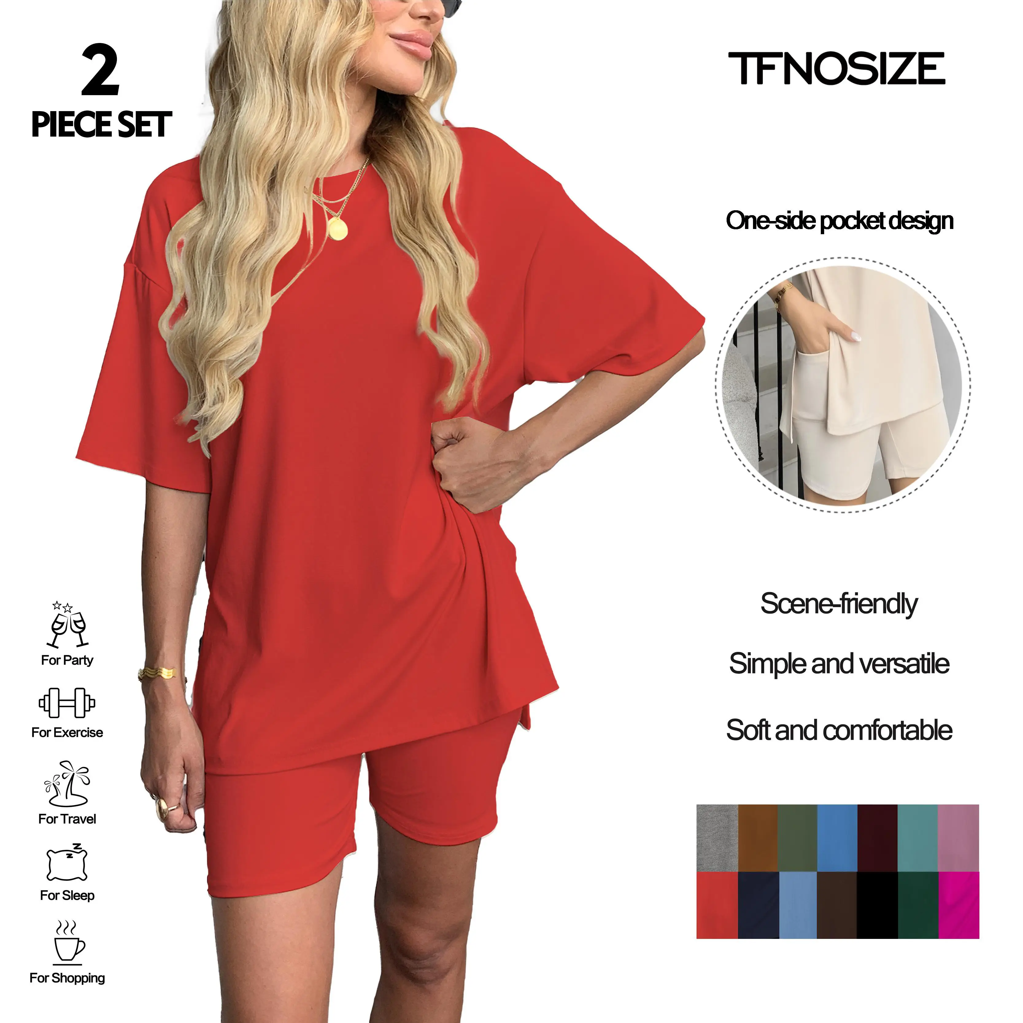 TFNOSIZE Women's Casual Wear Summer 2-Piece Suit Pajamas Loose Short-Sleeved Shorts with Hem Slits for Airport Travel Loungewear Loungewear Set