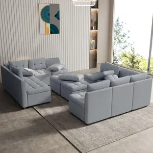 Modular Sectional Sofa with Storage Ottoman, 12 Seats Convertible Sofa with Adjustable Angle Armrest/Backrest, U Shape Sectional Couch Set, Sleeper Couch, Grey