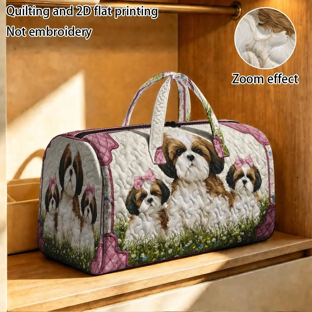 2D Flat Printing 1pc, Reusable Three Cute Shih Tzu Puppies with Flowers Quilted Tote Hand Bag, Travel Luggage Bag, Unisex, Perfect for Books, Personal Items, Ideal for Shopping Sprees And Daily Activities, Gift for Christmas Non-food Contact