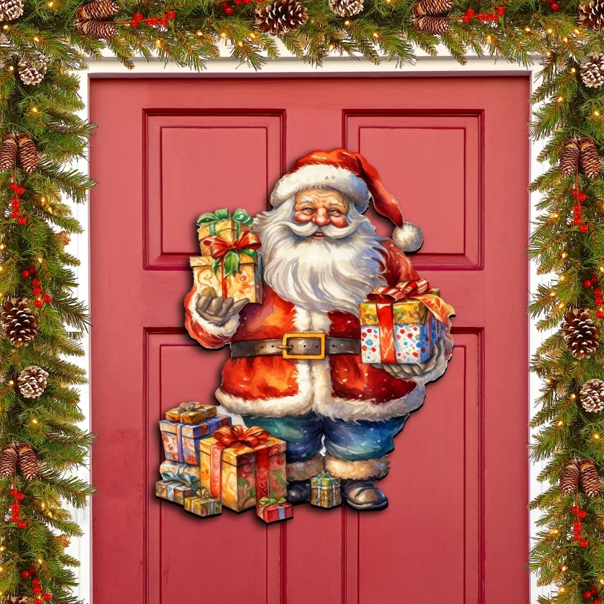 Designocracy 8611080H 24x18 in. Rectangle Wooden Christmas Door Hanger - Artistic Colorful, UV-Protected, Sturdy, Lightweight, Wall Mount, Outdoor Use, Classic Festive Decor, Home Collectible, Gift