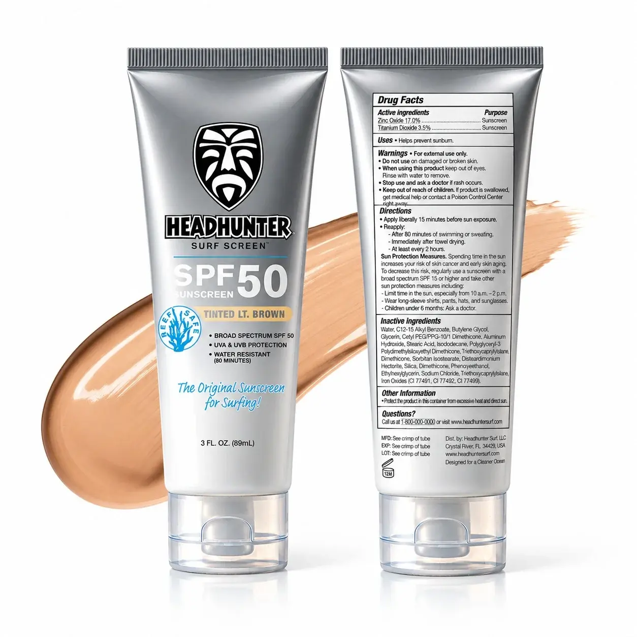 Headhunter Surf Screen SPF 50 Tinted Lt Brown Broad Spectrum UVA & UVB Protection Water Resistant 3 FL OZ Facial Sunscreen
