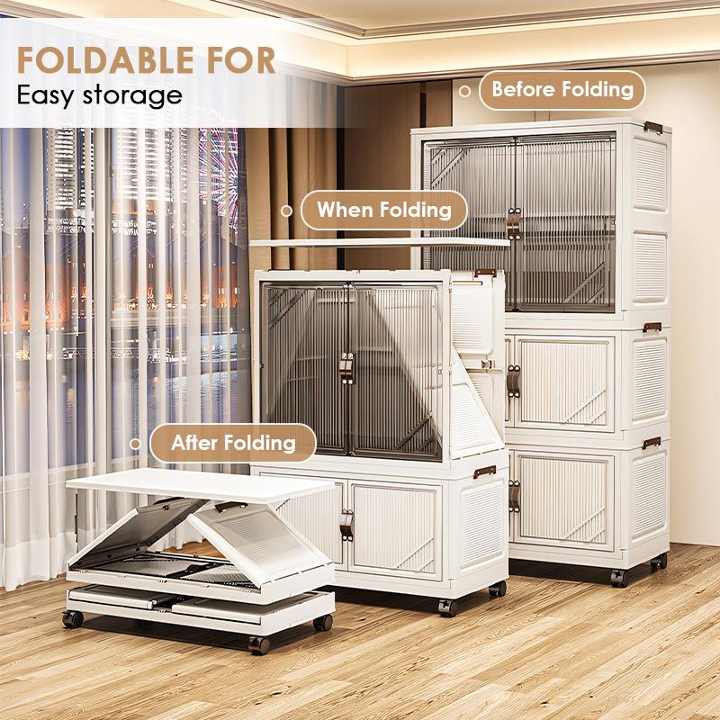 Portable Closet Wardrobe, Folding Storage Bins with Lid, Closet Organizers and Storage, Stackable Storage Box with Hanging Rod and Doors, Collapsible Plastic Clothes Cabinet with Wheels
