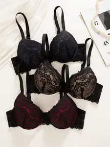 3 Pcs Ladies' Underwear Bra Set,Push Up Bra, Hight Support Non-Removable Padding, Lace Design, Underwired & Unlined, Push-Up Style, Daily Wear, Breathable & Comfortable Fit, Everyday, Medium, Straps, Elegant