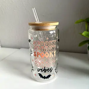 16 oz Halloween Themed Spooky Vibes Glass Tumbler Mug - Ghosts, Bats, Lid & Straw, Reusable Portable Drinkware for Spooky Season Celebrations