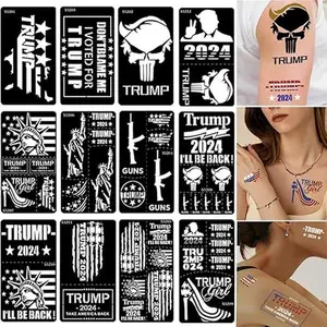 Donald Trump Stickers, 12 Sheets Trump 2024 Henna Tattoo Stencils American Flag Decals Airbrush Tattoo Templates for Body Paint DIY