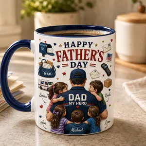 Personalized Mail Carrier Dad Mug, 2D Printed 3D Effect Ceramic Coffee Cup, Dad My Hero Family Design, Custom Gift from Kids for Postal Workers, Mailmen, Daddy Birthday Father’s Day Gift  Độ dài: 191 ký tự
