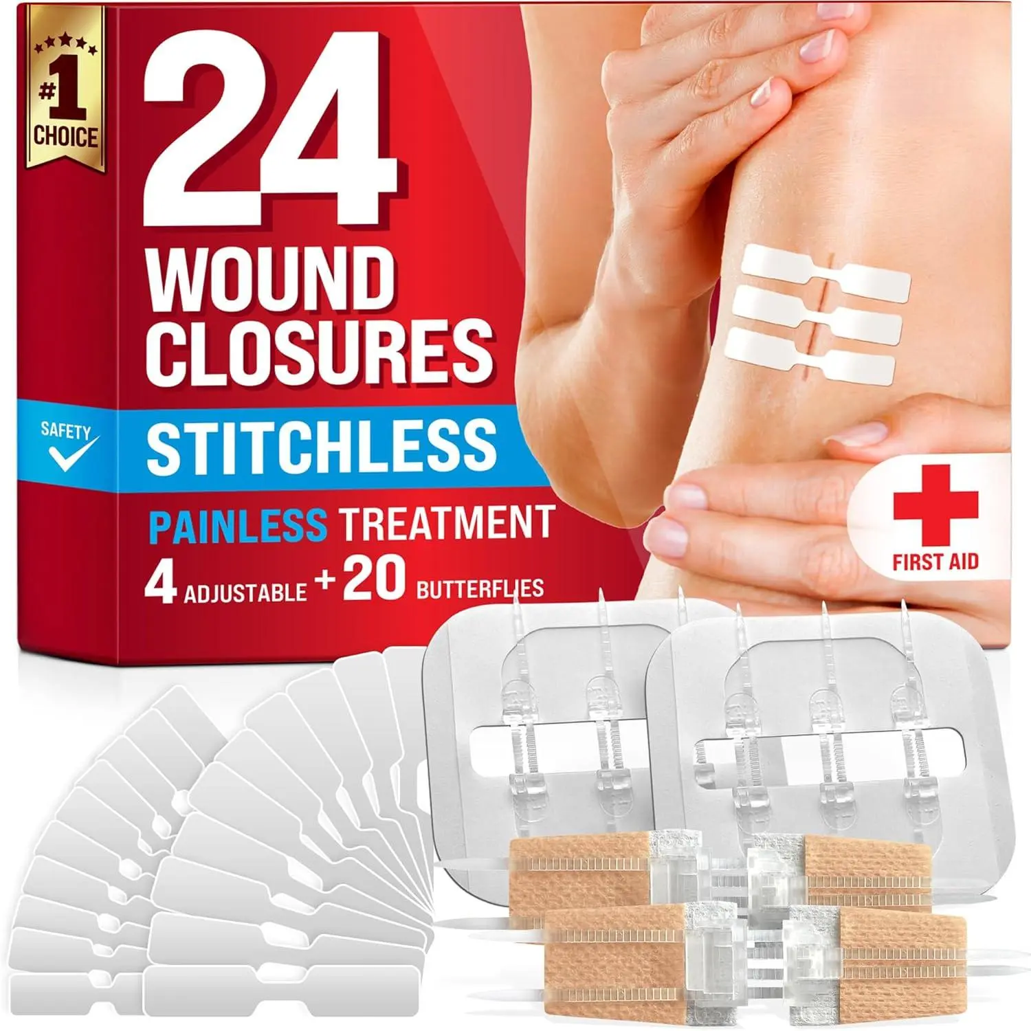 Emergency Wound Closure Strips Kit - 24pk, 3 Types Easy-to-Use Butterfly Bandages, Stitchless Painless Laceration Closure, Bandages for Wounds (Sports & Outdoor Camping Hiking Safety Survival Gear)