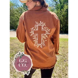 Floral Cross Embroidered Brown Denim Jacket, Embroidered Jacket, Christian Denim Jacket, Christian Gift