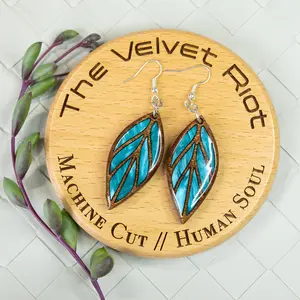 Teal Leaf Earrings – Acrylic Inlay Statement Dangles | Lightweight, Hypoallergenic Wood Jewelry | Baltic Birch & Sapele | Handmade TikTok Unique Finds