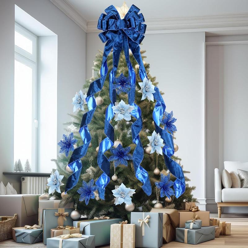 48" x 13" Big Christmas Tree Topper Large Velvet Bow with Long Streamers Christmas Tree Ornaments with 8 Pcs 5.5 Inch Artificial Poinsettia Flowers Decorations for Xmas Decor(Royal Blue)