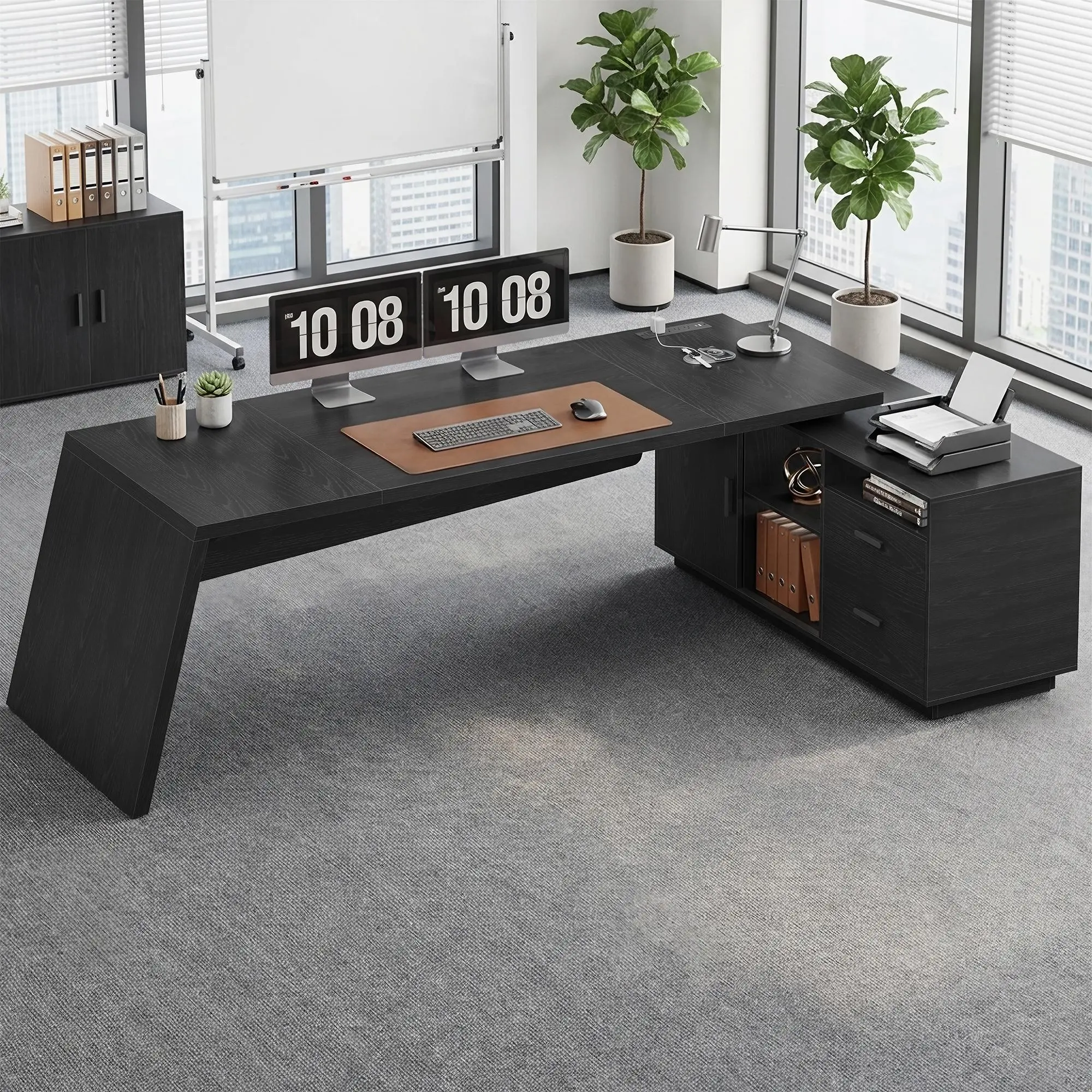 SIKAIC L-Shaped Executive Desk - Black Home Office Computer Workstation with Power Outlets, Storage Drawers, Filing Cabinet, Shelves, Desk Setup, Dual Monitor Compatibility, WFH Solution, Assembly Required