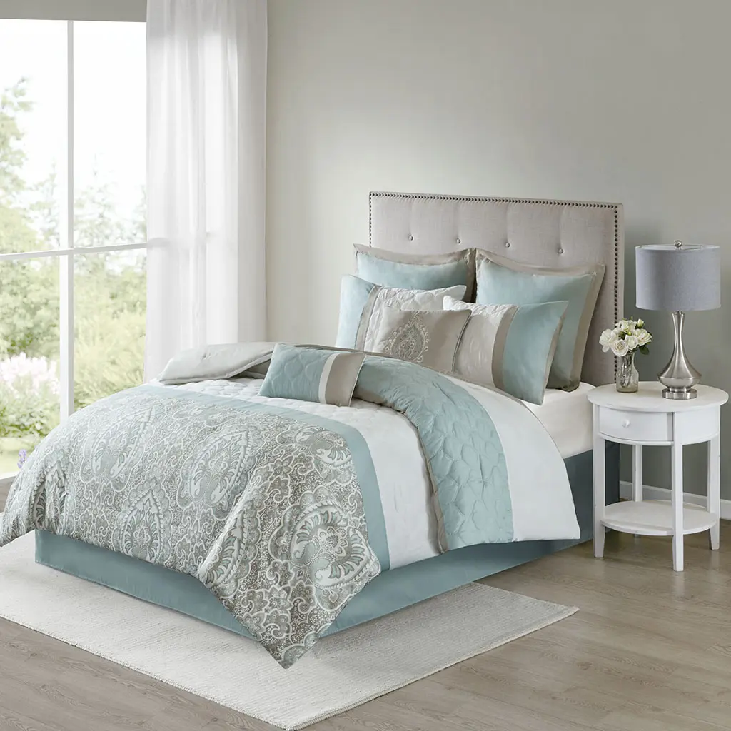 MAIN STREET Shawnee 8-Piece Bed Comforter Set - Classic Geometric Traditional Seafoam Damask Print Bedding Set with Diamond Quilting, Dustproof Microfibre Fill, Anti-Allergic Design, Machine Washable, Bedroom Bundle for Fresh Bed, Daily Elegance