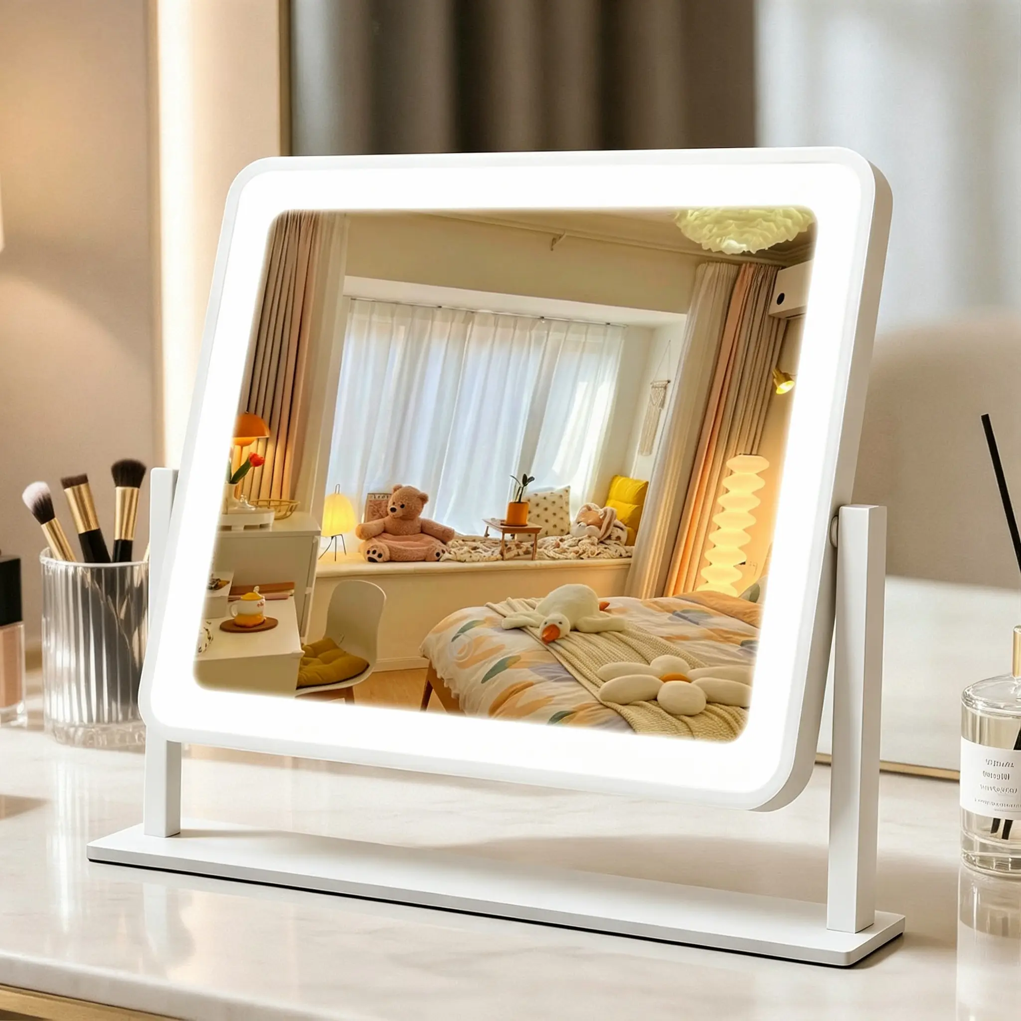 LED Lighted Vanity Makeup Mirror,3000mAh , 14×12in Large Rechargeable 3000mAh Mirror, 10X Magnification, Smart Touch 3-Color Light Modes, 360° Rotatable White Aluminium Decor for Bedroom Makeup Desk