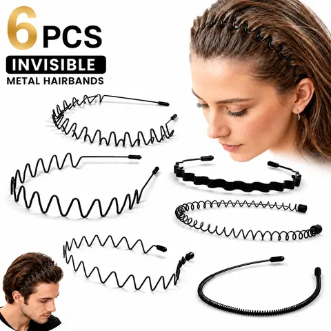 CUBIDUPI 6PCS Black Metal Band Set Headbands - Flexible Wavy Spring Hoop Hair Accessories, Lightweight Non-Slip Workout Headbands for Women’s Gym-to-Daily Use Athleisure Wear, Keeps Styles Securely in Place