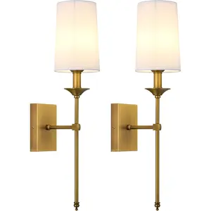 Hardwired Wall Sconces Set of 2, Mid Century Candlestick Style Wall Mounted Sconce with Pure White Cylindrical Shade and Long Slim Stem,for Bathroom Bedroom Living Room