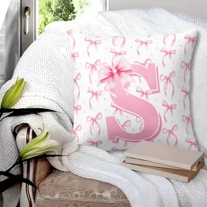 Initial S Pink Bow Throw Pillow with Insert, Cute Monogram Cushion with Pink Ribbon Pattern, Decorative Pillow for Coquette Home, Girls Room, Personalized Gift, 45cm Square Zipper Closure