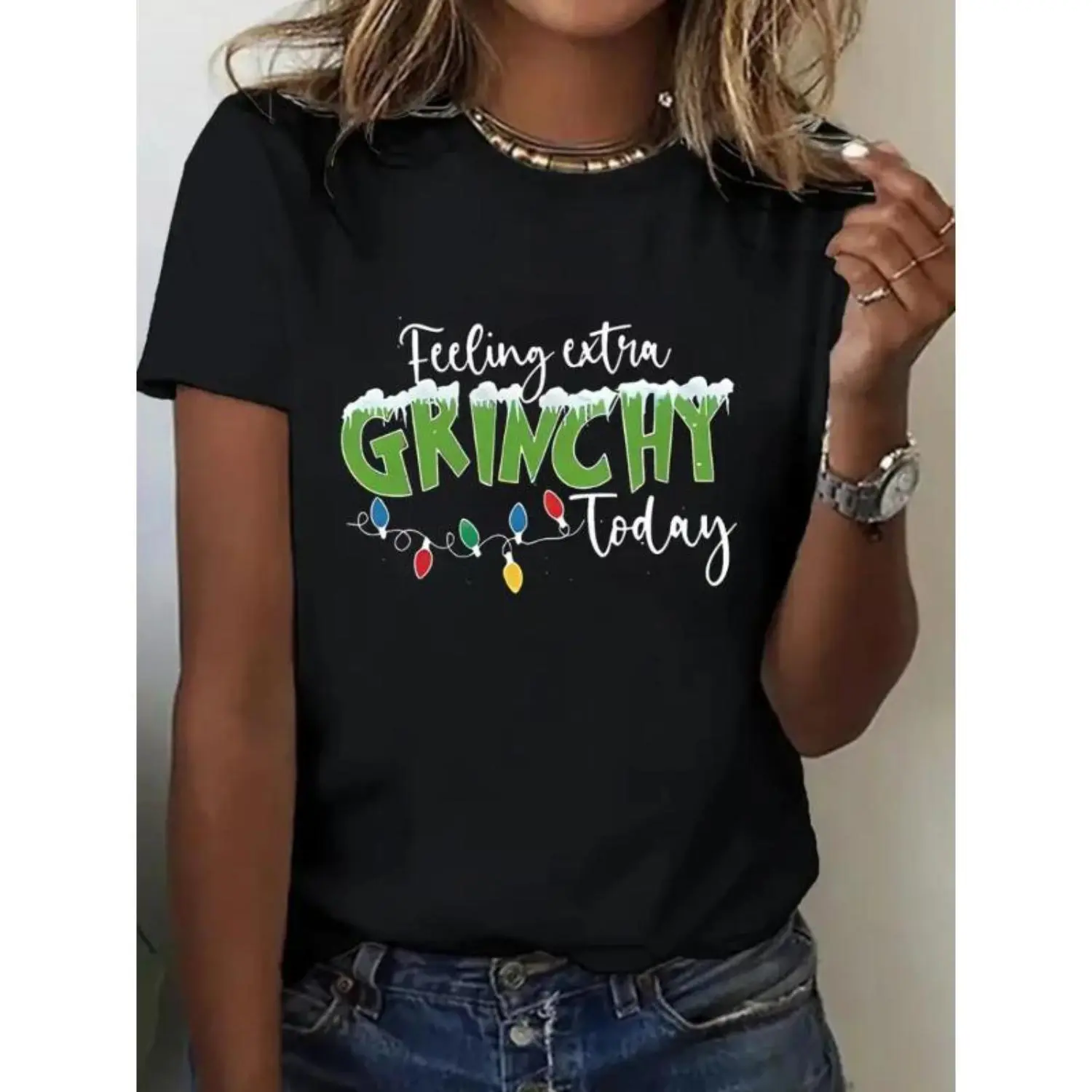 Women'S Plus Size Graphic T-Shirt - .Seuss Inspired Christmas Design With "Feeling Grinchy Today" & Heart Print, Comfortable Medium Stretch Crew Neck Short Sleeve Casual Top, Relaxed Fit For Casual Attir Golf Gift T-Shirt For Men And Women