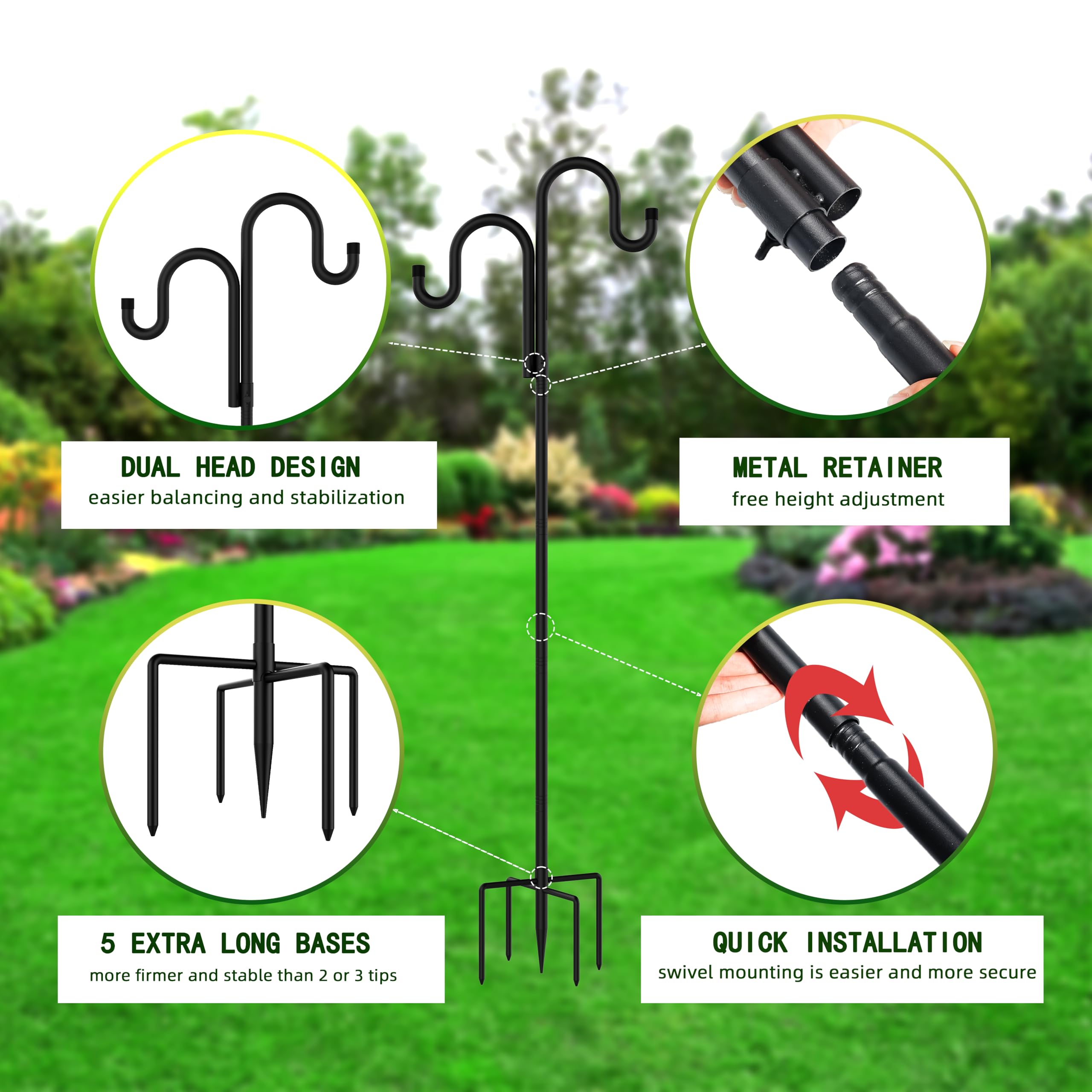 Double Shepherds Hooks for Outdoor,62 Inch/76 Inch/92 Inch, 2-Pack Heavy Duty Garden Pole for Hanging Bird Feeder, Plant Baskets, Solar Light Lanterns, Garden Plant Hanger Stands with 5 Base Prongs