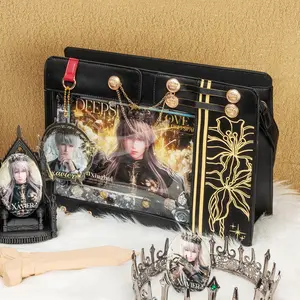 The Junco Love and Deep Space Xavier Eclipsed King Ita Bag | Dark Academia Black Gold Embroidery Messenger | 2-Way Gothic Chain Crossbody Satchel | Large Clear Window Merch Display for School & Work