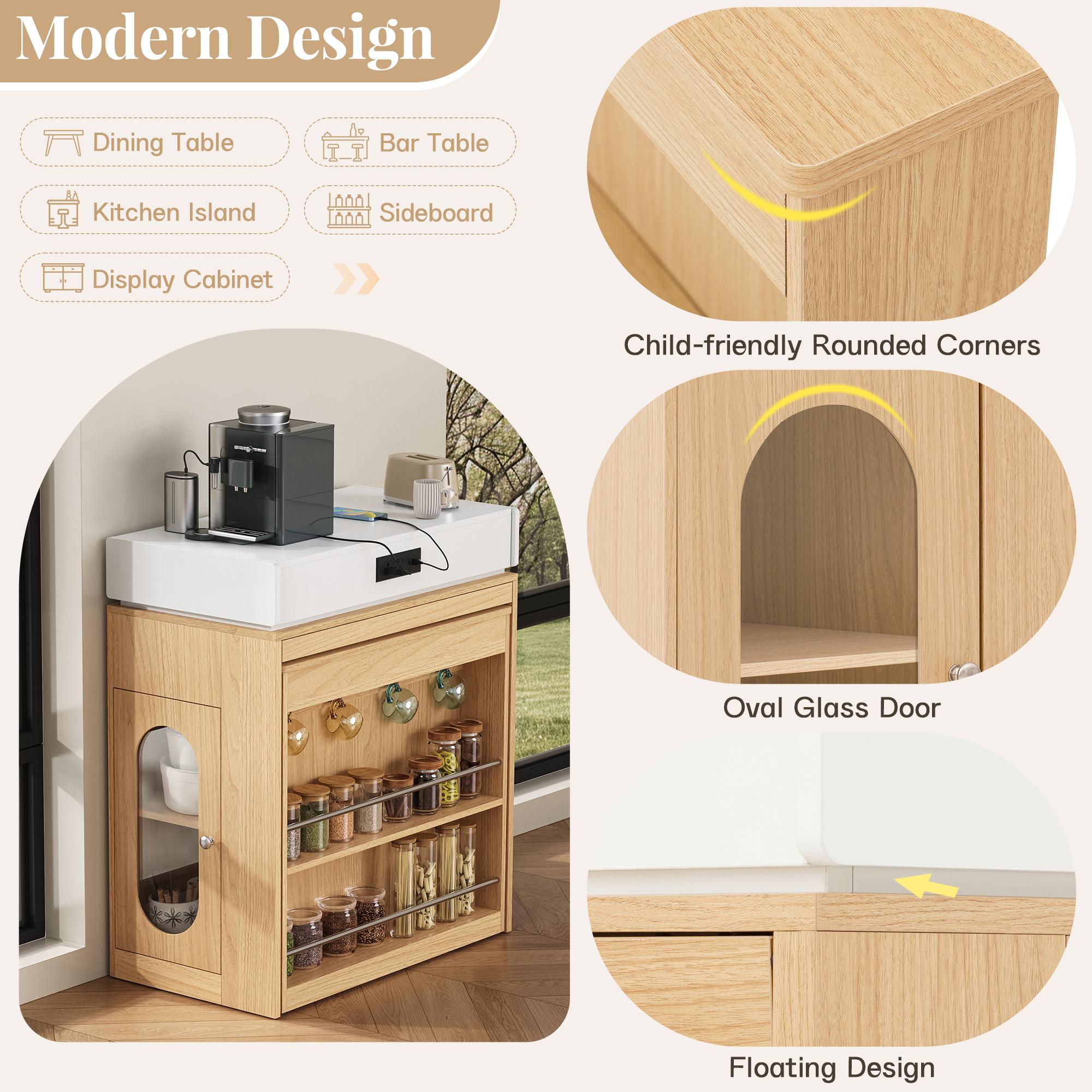 Rolling Kitchen Island & Extendable Dining Table with Folding Top & Power Outlet, Mobile Sideboard with Drawers, Hooks & Storage for Kitchen & Dining Room