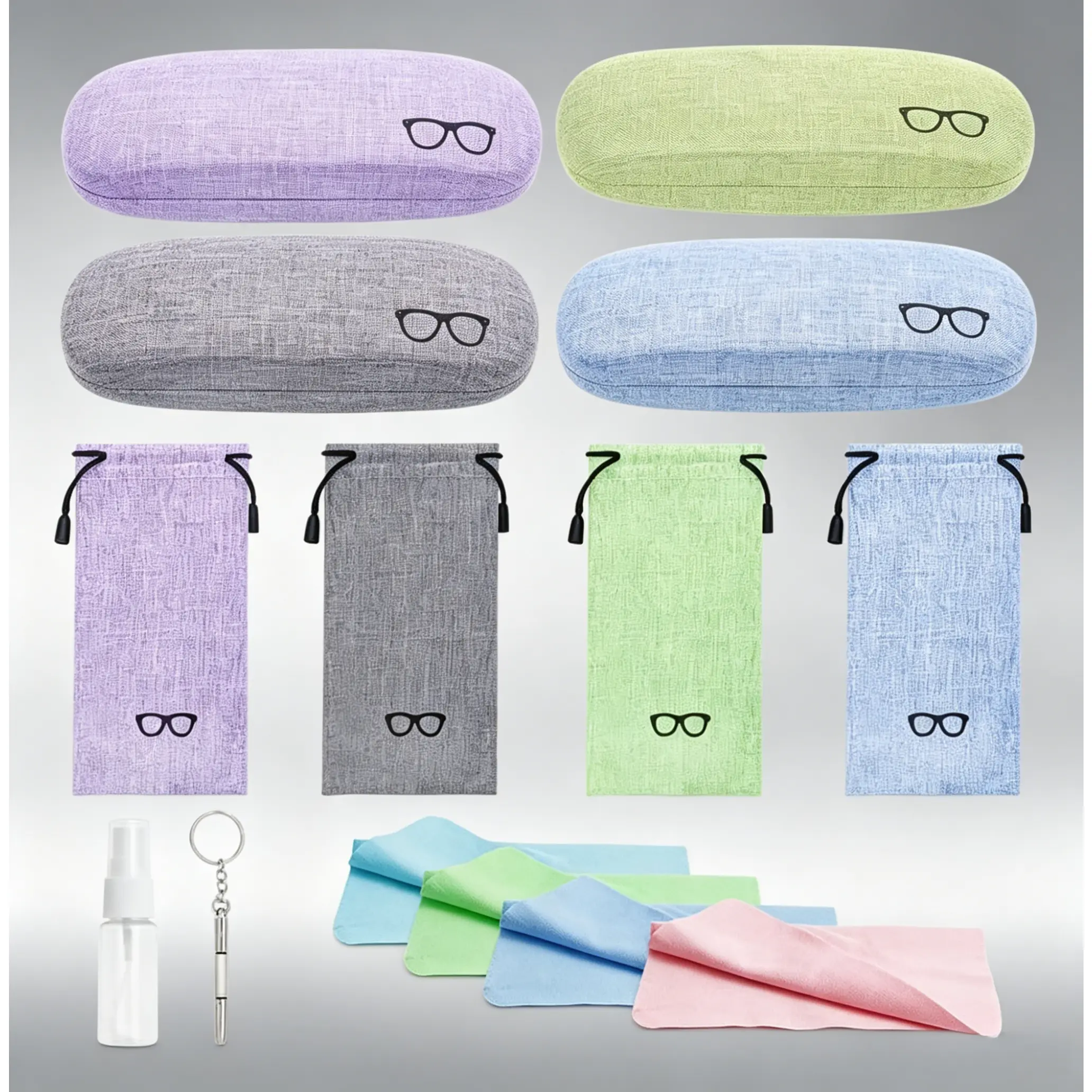 [HUOMAQFAN] 4 Pcs Minimalist Shockproof Flax Hard Shell Glasses Case Set for Parents, with Drawstring Pouch, Cleaning Cloth, 6.18*2.36*1.57 Inch 90g Portable Daily Eyeglasses Sunglasses Storage Organizer Box