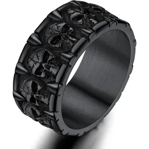 Men Skull Rings, Stainless Steel Statement Biker Rings, Gold Plated/Black-Send Gift Box