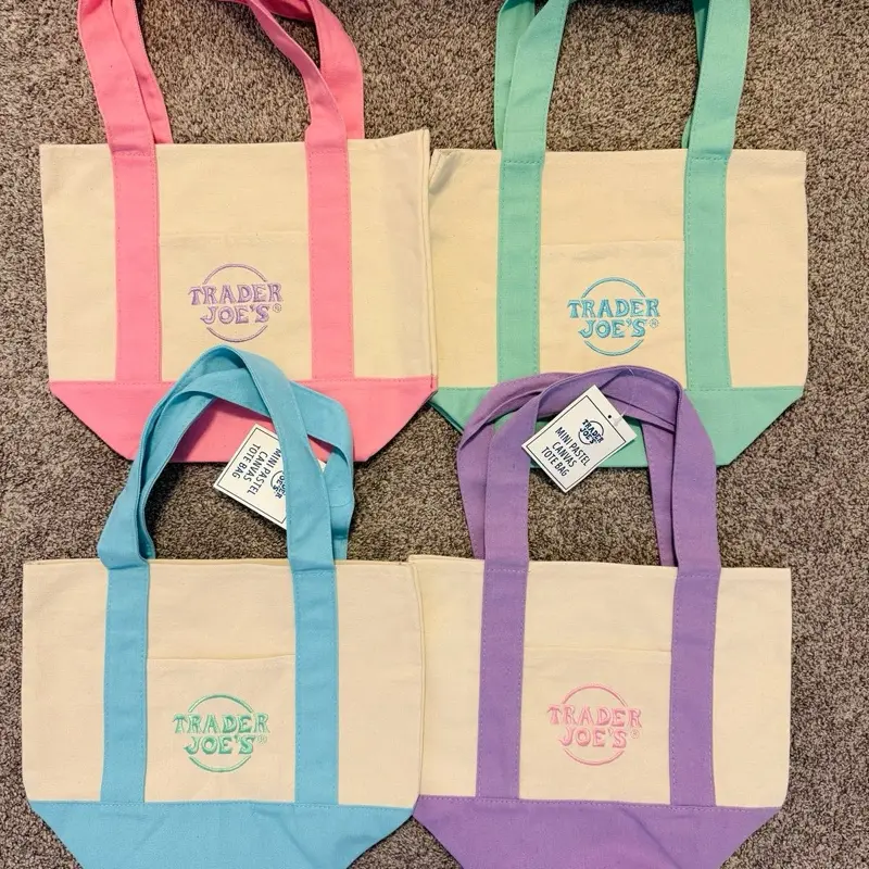 NWT Set Of 2 Trader Joe’s Mini Pastel Canvas Totes – Pink/Lavender, Limited Edition, Foldable (Vietnam)