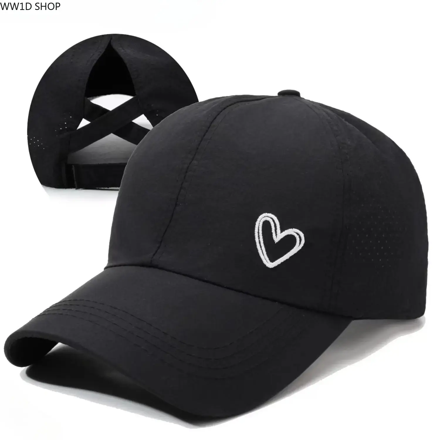 Embroidered Heart Baseball Cap - Breathable Mesh Back, Adjustable Buckle, Solar Protection, Golf Style, Heart Badge, Mesh Integration Design for Summer Outdoor Activities, Embroidered Heart Hats, Golf Style Hats Adjustable Fit Hat Black Cap Casual Sports