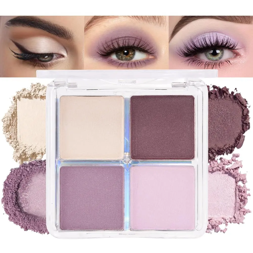 4 Shadows Neutral Eyeshadow Palette for Women Matte & Shimmer Eye Shadow Makeup Palette Highly Pigmented Waterproof Vegan Quad Eyeshadow Pink Brown Purple Light Violet Long Lasting Cosmetic Gift