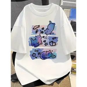 Women's Cotton Short-Sleeve Round Neck Cartoon Cat Print T-Shirt - Fashion Casual Streetwear Top, Hangable Foldable All-Season Clothes for Daily & Holiday Wear, Shortsleeve