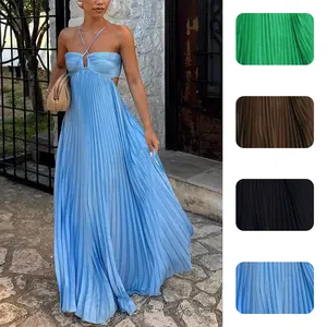 Women's Solid Color Strapless Sleeveless Pleated Flared Casual Dress - Date Night Dress, Casual Wear for Ladies