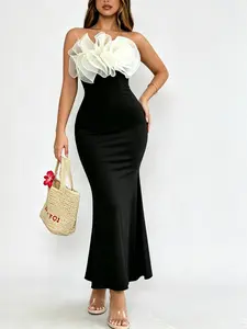 Women's Black White Contrast Formal Dress, Summer Clothes Women, Floral Halter Neck Mermaid Maxi Dress for Wedding Guest, Prom Cocktail Party Outfits, Elegant Bodycon Evening Gown