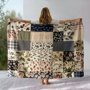 Vintage Patchwork Floral & Plaid Multi - Size Blanket, Cozy Throw with Assorted Botanical, Flower, Checkered Patterns for Bed, Sofa, All - Season Use