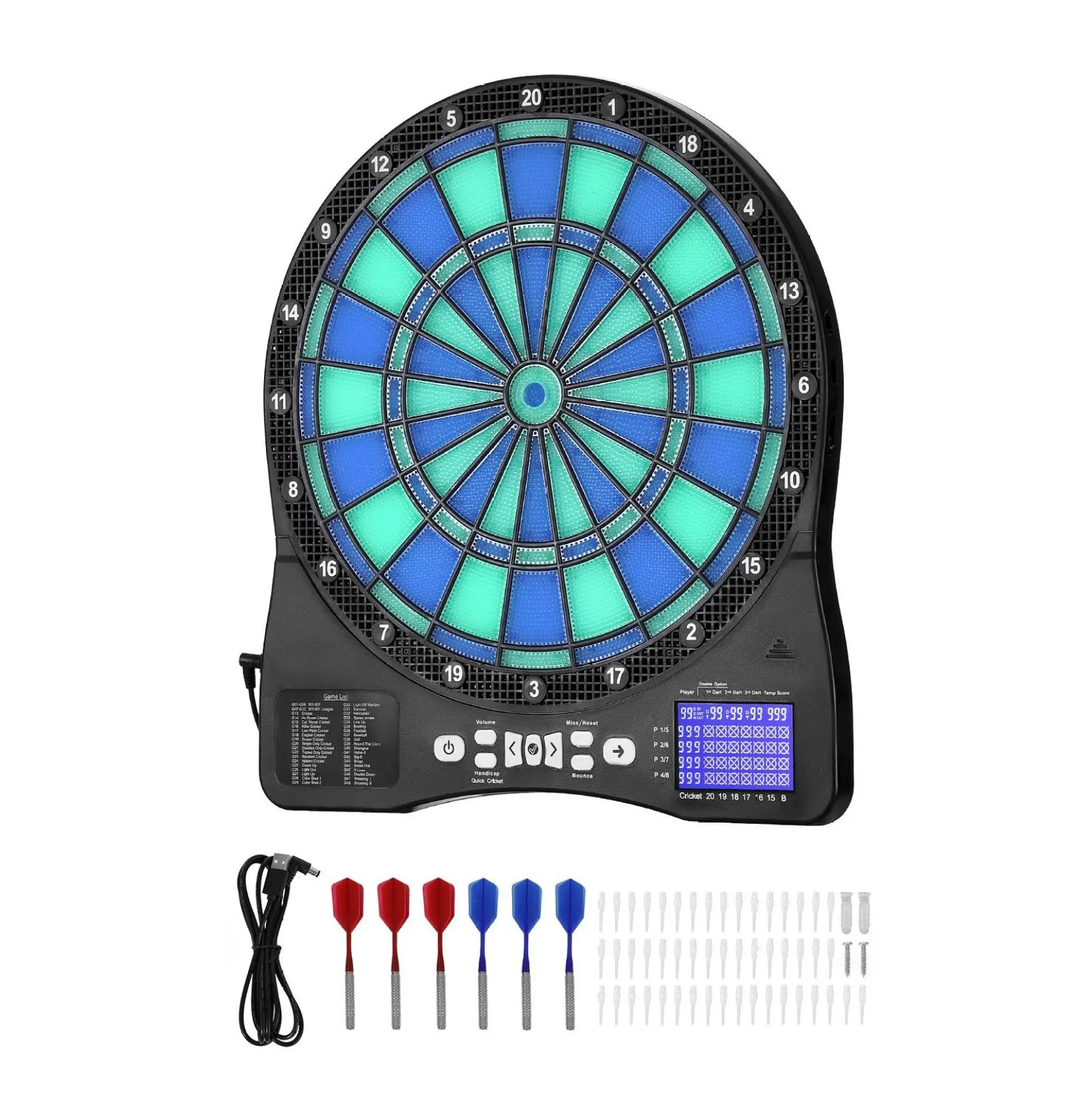 Electronic Dart Board LED Illuminated - 48 Games, 500+ Variations, 6 Darts & Tips - Cricket Scoring LCD Screen, 8 Player Support - Family Fun, Office Games Default