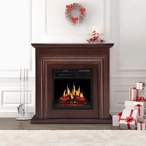 R.W.FLAME  Electric Fireplace Mantel Wooden Surround Firebox, 36" Brown TV Stand with Freestanding Electric Fireplace, Remote Control, Adjustable Led Flame, 750W/1500w