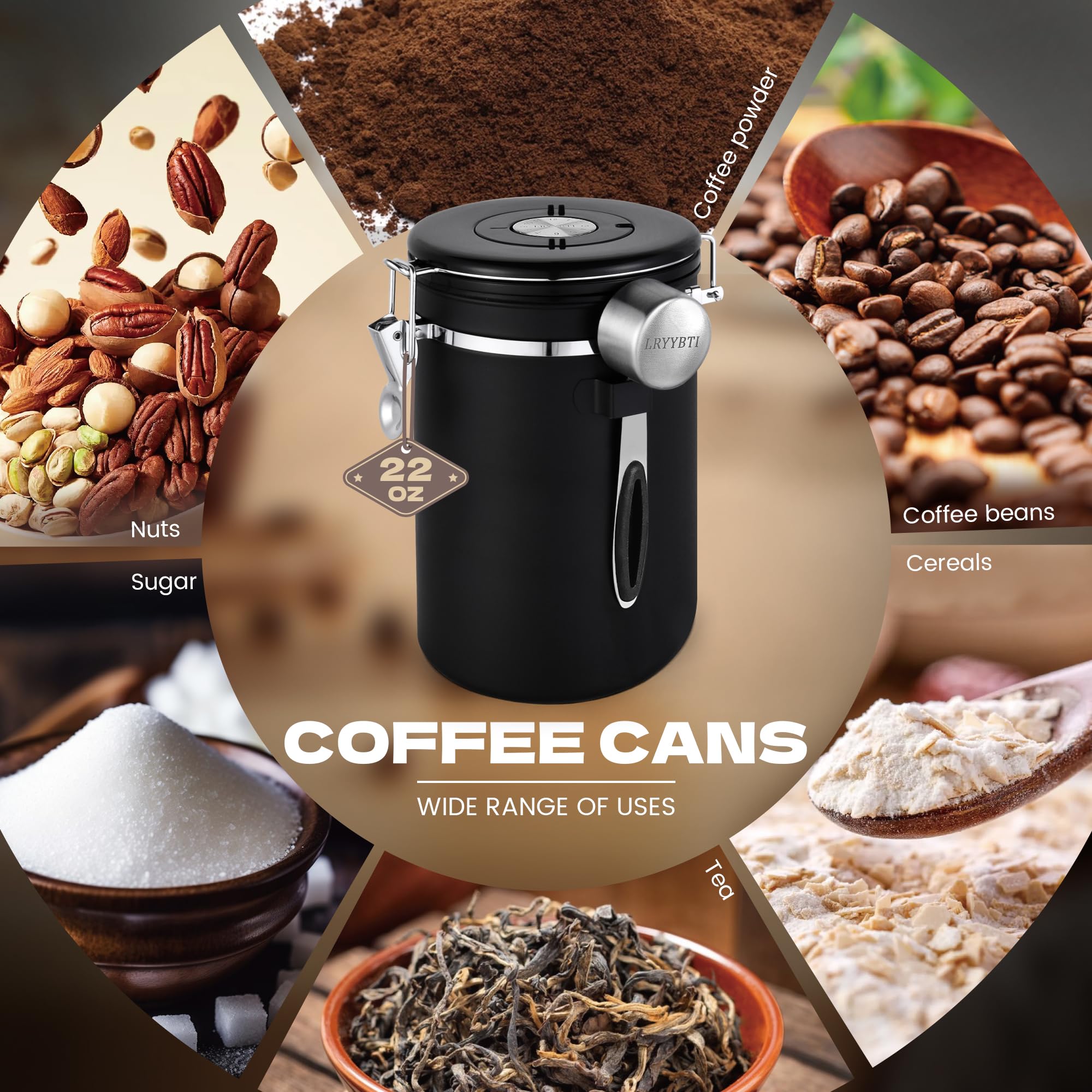 22OZ Coffee Canisters with Window,Scoop and AirtightLid Stainless Steel Kitchen Bean Storage Grounds Container (Black) Date Tracker and Scoop for Grounds Coffee Bar Accessories Beans, Cereal, Sugar,Rice,Tea, Flour, Cereal