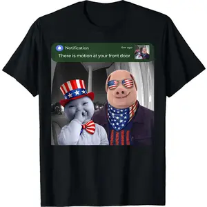 Men's 4th of July 250th Independence Day Casual T-Shirt, John Pork & AI Baby Motion Front Door Graphic Tee, Men's Wear Male Clothing Gifts for Him Funny Tee Streetwear Shortsleeve Crewneck Loose