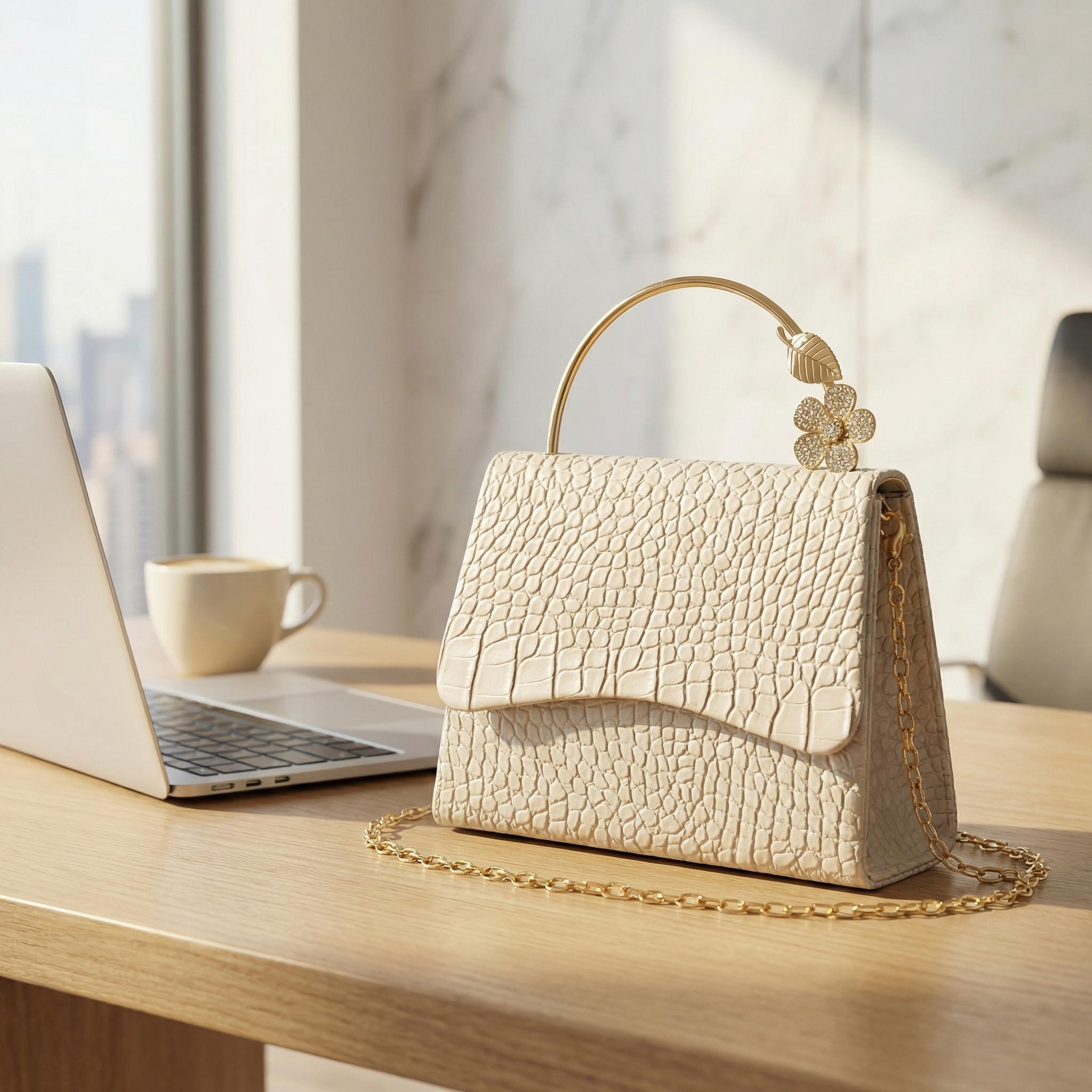 Elegant White Textured Leather Handbag with Rhinestone Flower, Luxury Chain Clutch for Wedding & Party