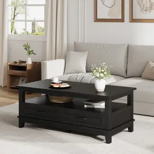 7 Inch Farmhouse Coffee Table, Rustic Wood Center Table with 2 Storage Drawers and Open Shelf, Rectangle Tables, Living Room, Long Cocktail Tables for Office, Parlor, Reading Room