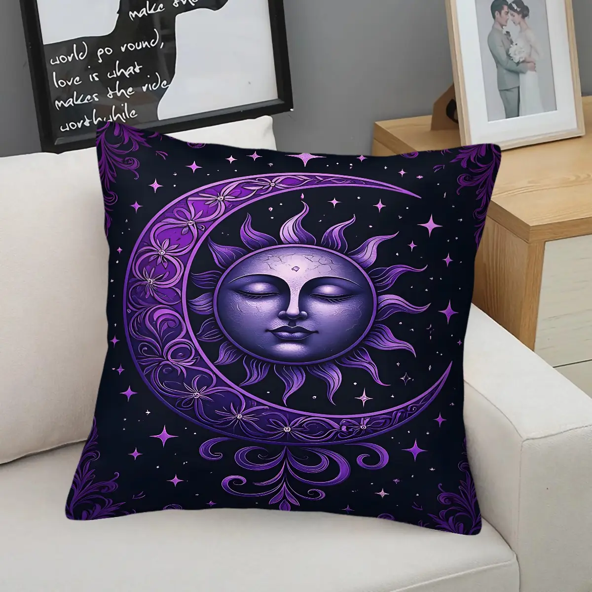 Purple Toned Sun and Moon Totem Pattern Pattern Printed Throw Pillow,  Soft and Comfortable Square Cushion, Suitable for Decorating Living Rooms, Bedrooms, Sofas, Chairs, Beds, Cars, and for Travel.  Includes Pillow Insert.