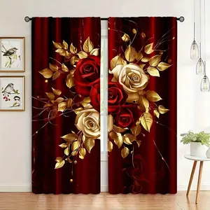 2 Piece Set Vibrant Rose Print Curtains, Luxurious Leaf Roses, Living Room Bedroom Kitchen Decor Panels, Valentine's Day Gift